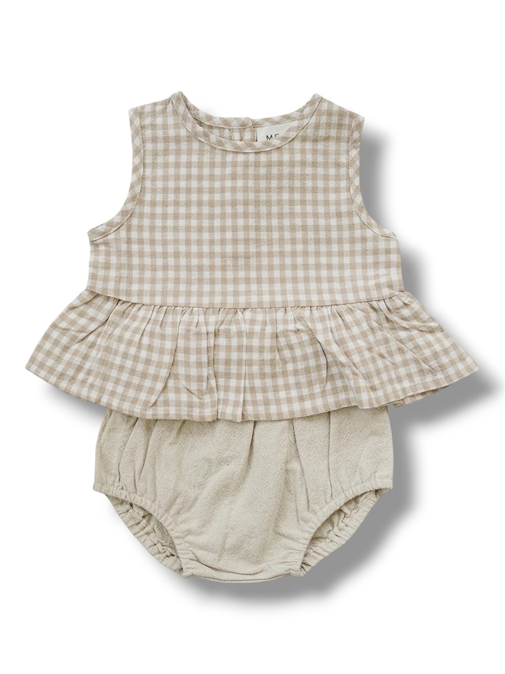 Mebie Baby Oatmeal Gingham Linen Peplum Bloomer Set 6-12M